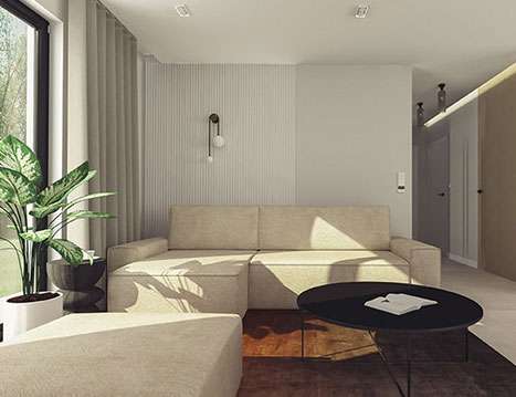 Salon w domu 120 m² z dużymi przeszkleniami w Przystani Natura