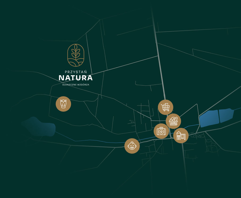 Mapa okolicy Przystani Natura z pobliskimi udogodnieniami: stadnina koni, sklepy, plac zabaw, przedszkole i przychodnia